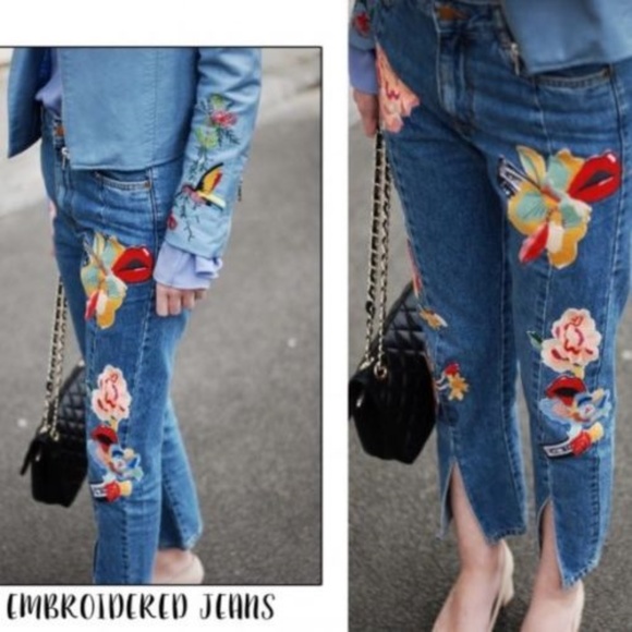 Zara Embroidered Cropped Jeans NWOT - Picture 4 of 8